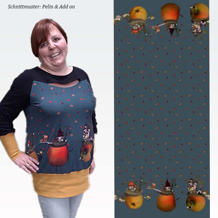 Petrol Stenzo cotton jersey with funny apple motifs as border