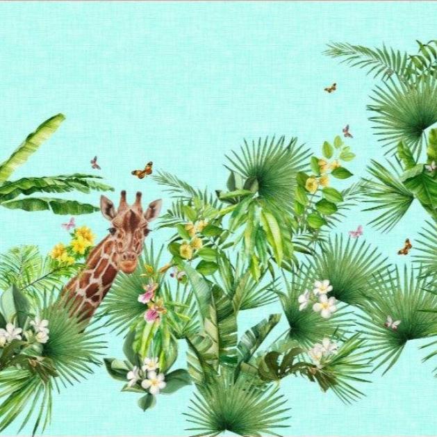 Panneau girafes Stenzo sous palmiers sur fond aspect lin turquoise