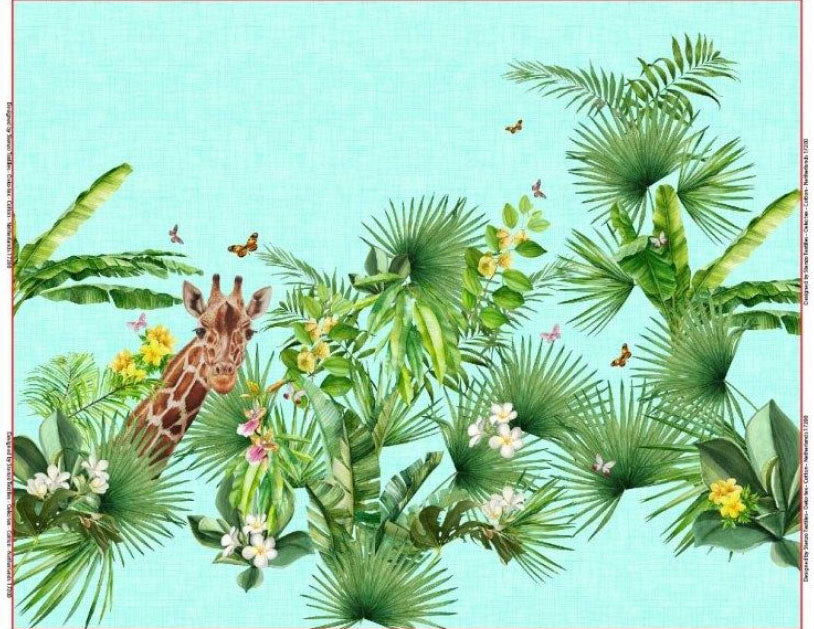 Panneau girafes Stenzo sous palmiers sur fond aspect lin turquoise