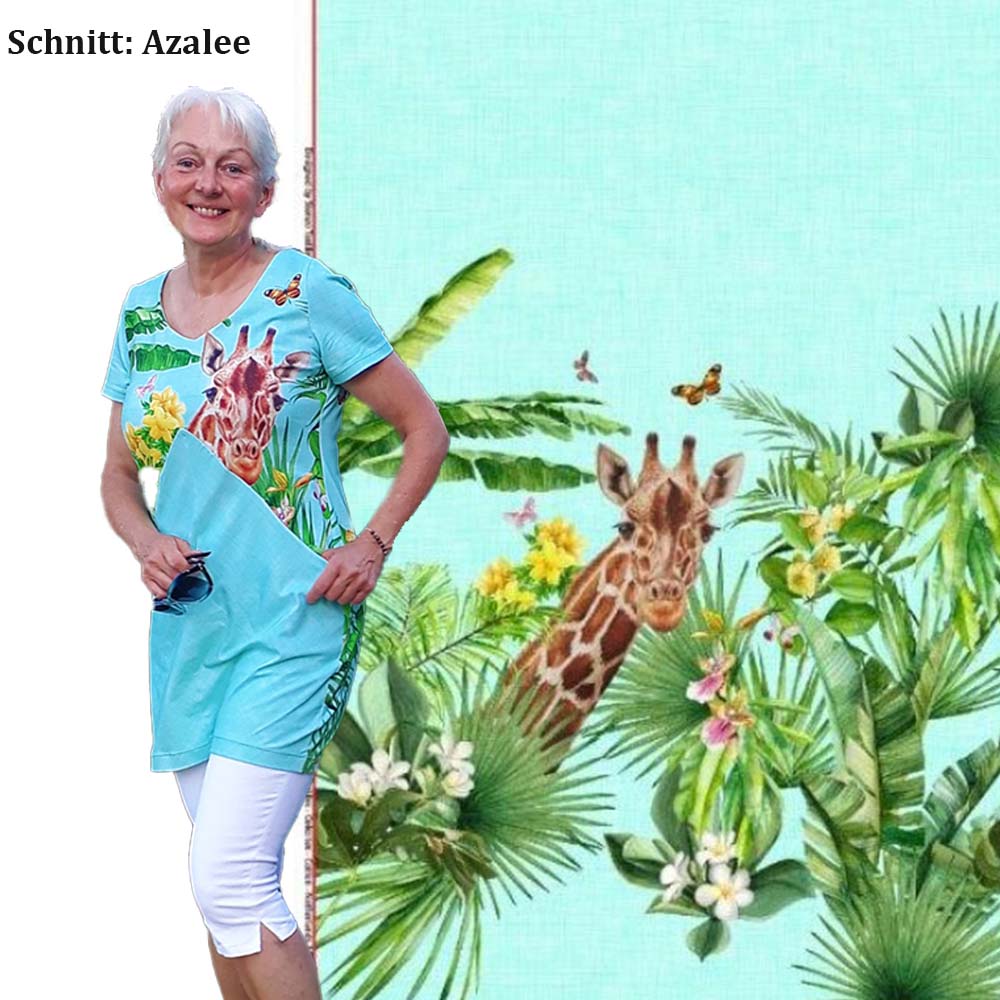 Panneau girafes Stenzo sous palmiers sur fond aspect lin turquoise