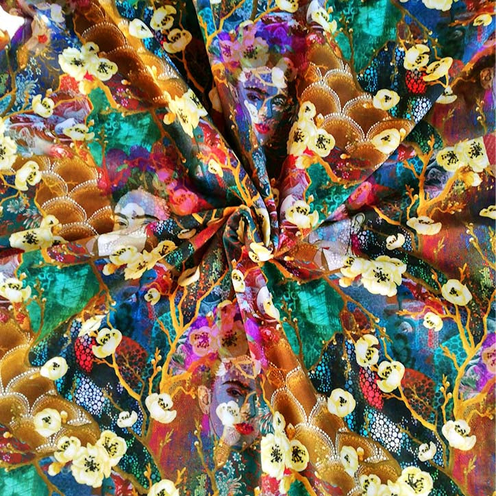 Brauner Baumwolljersey im Japanischen Style mit gelben Kirschblüten