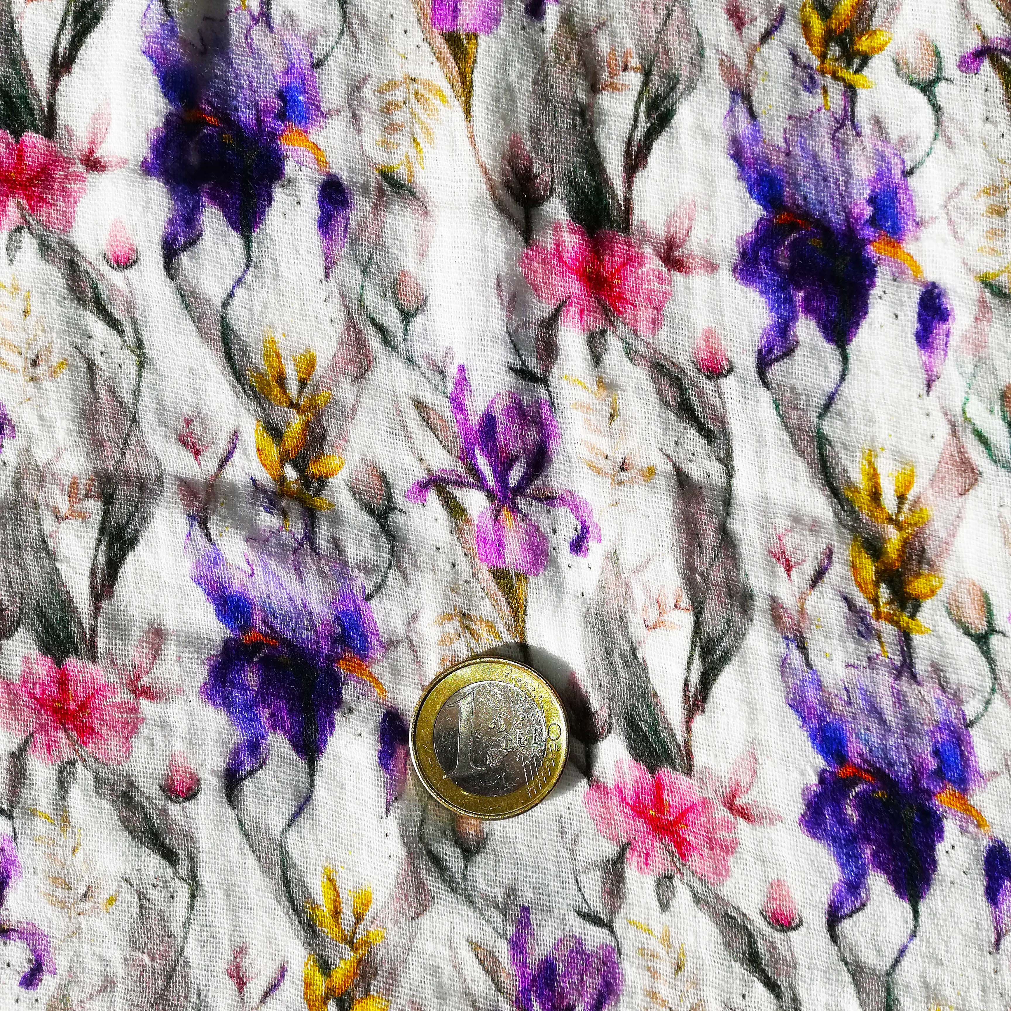 Fine cotton muslin with delicate iris flowers