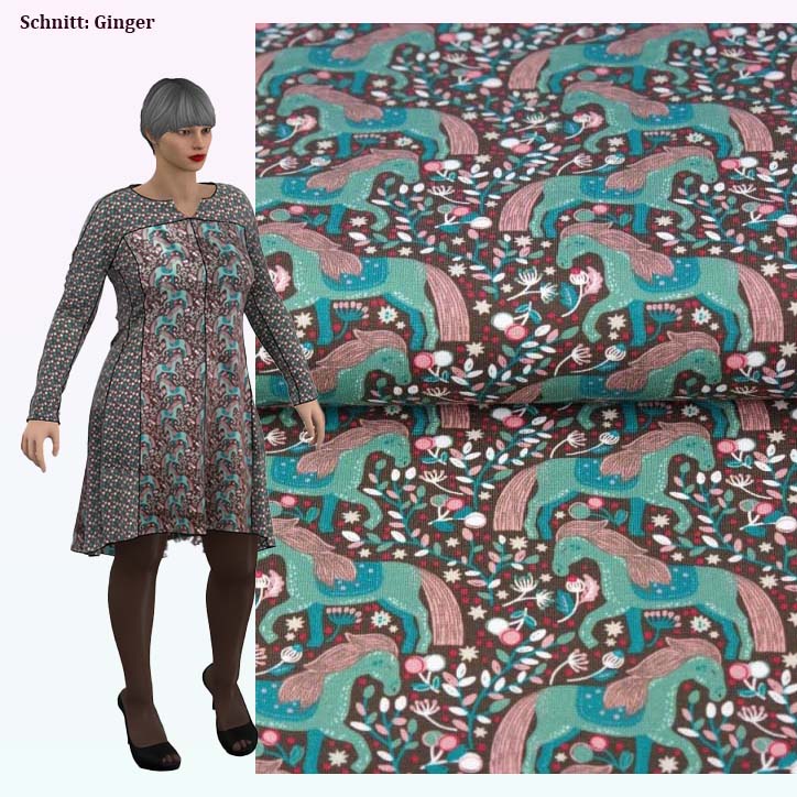 Baumwolljersey Taupe mit türkisen Pferden und Blumen