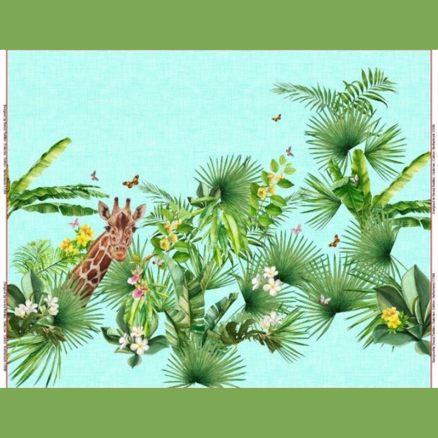 Panneau girafes Stenzo sous palmiers sur fond aspect lin turquoise