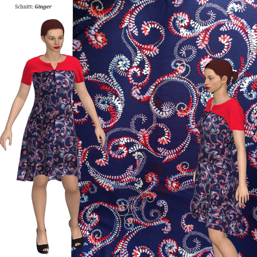 Blauer Viskose Jersey mit rot-weißen Ornamenten