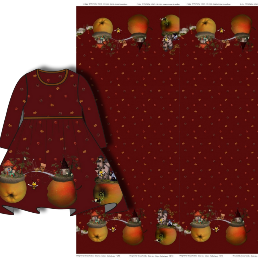 Wine red Stenzo cotton jersey with funny apple motifs as border