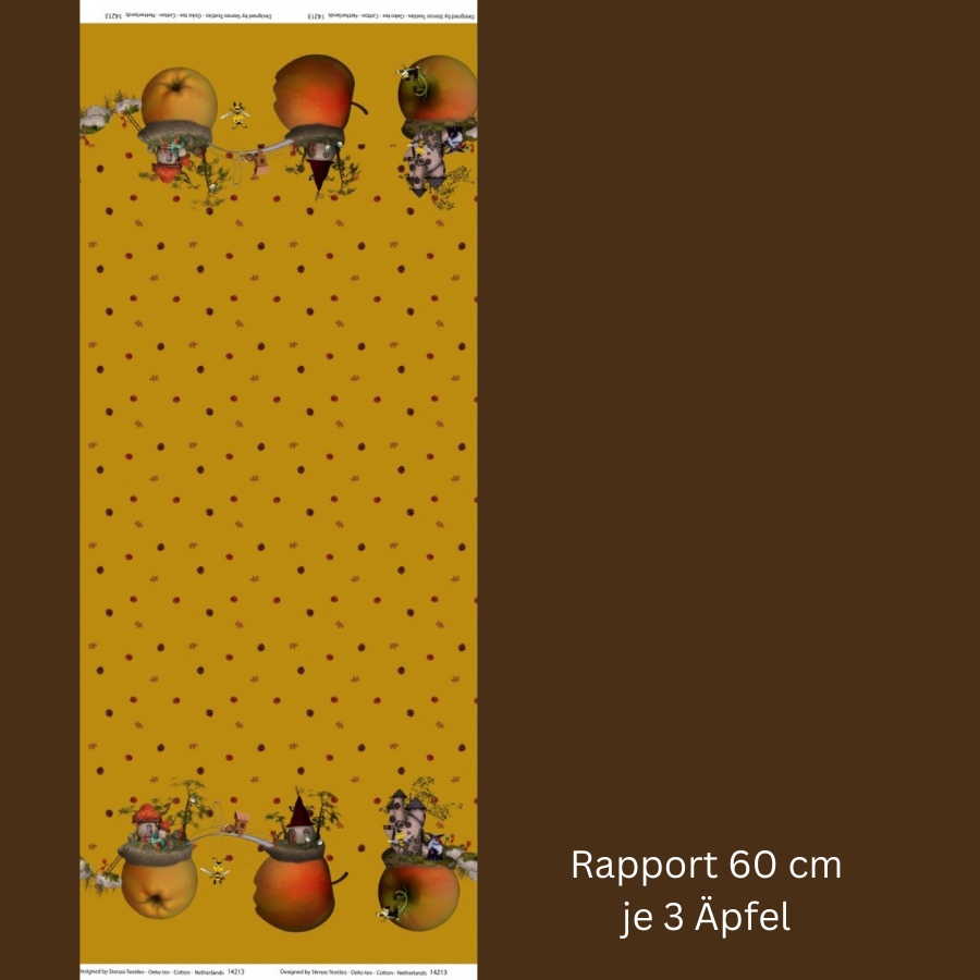 Ochre yellow Stenzo cotton jersey with funny apple motifs as border