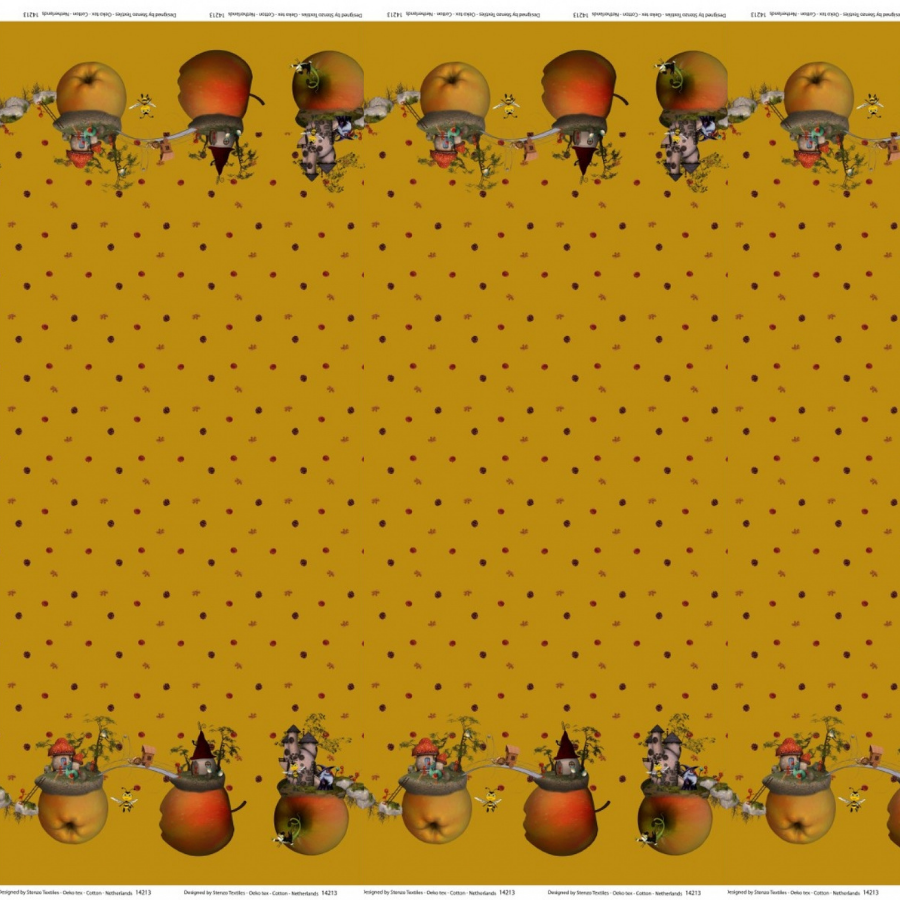 Ochre yellow Stenzo cotton jersey with funny apple motifs as border