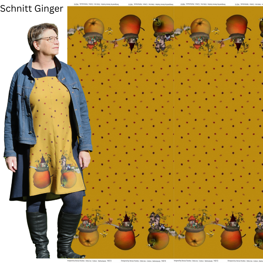 Ochre yellow Stenzo cotton jersey with funny apple motifs as border