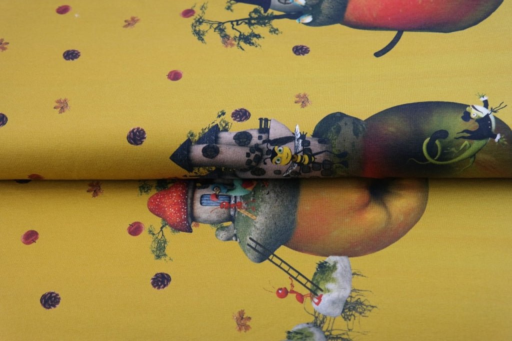 Ochre yellow Stenzo cotton jersey with funny apple motifs as border