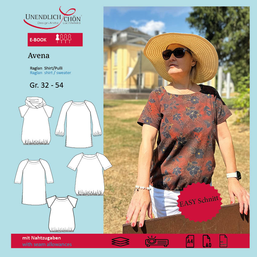 Schnittmuster Avena Raglan Shirt / Pulli / Tunika mit Schlitz oder Gummizug