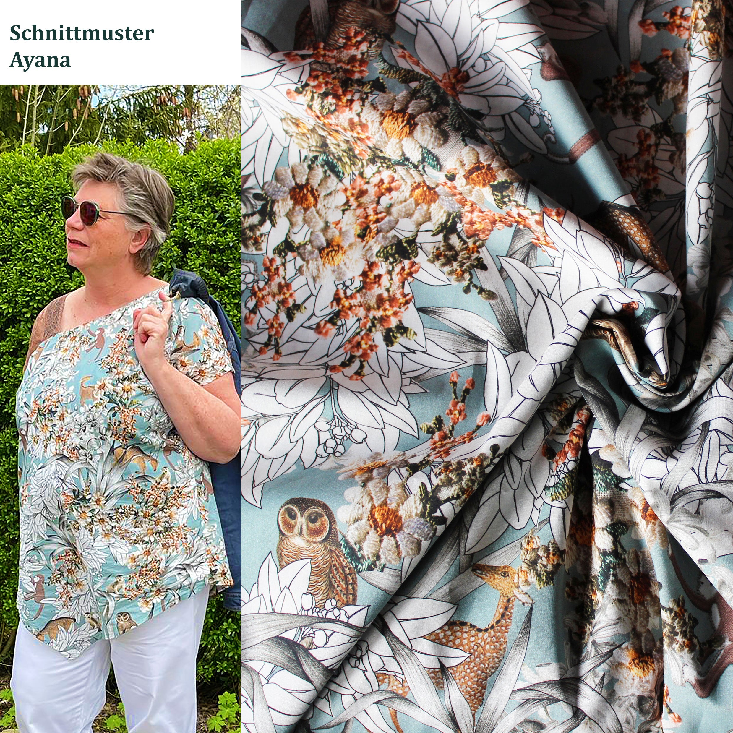 Bio Lawn Baumwollstoff Pastell -Collage mit Pflanzen und Tieren