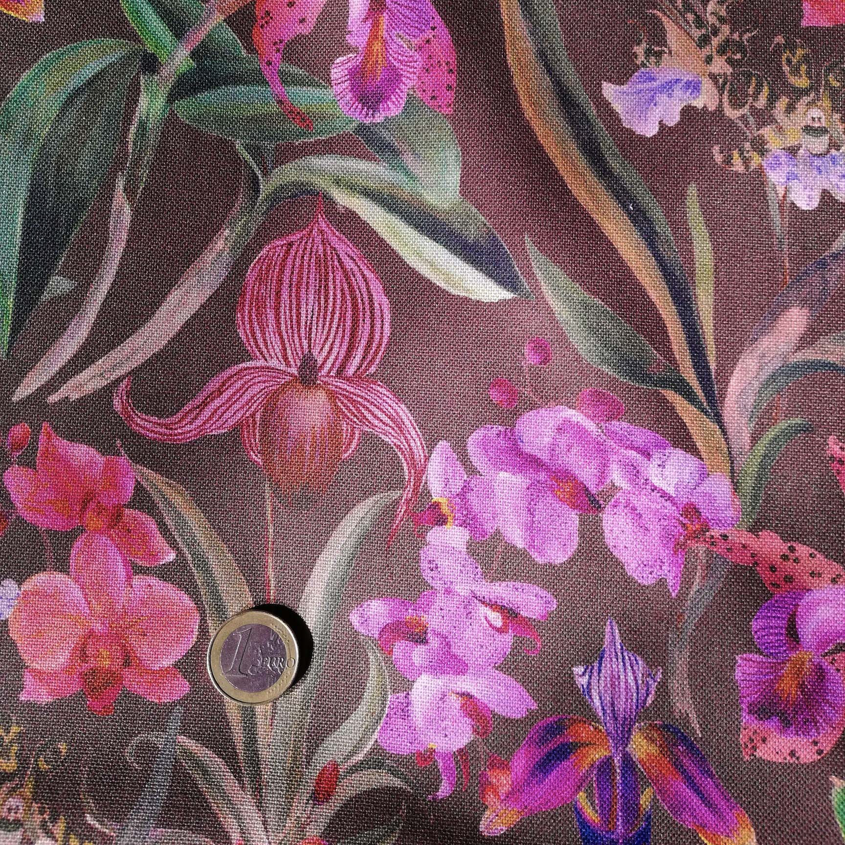 Bauwoll Canvas taupegrundig mit bunten Orchideen