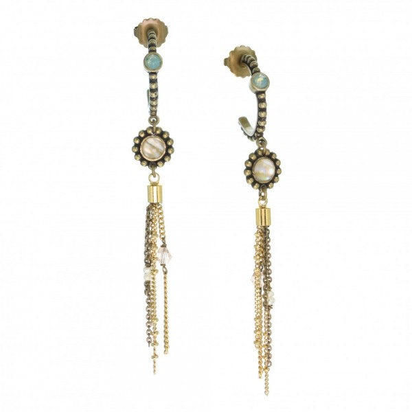 Boucles d'oreilles créoles Madelene de Franck Herval en bronze, or, blanc et turquoise