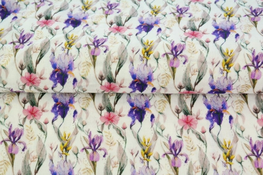 Fine cotton muslin with delicate iris flowers 