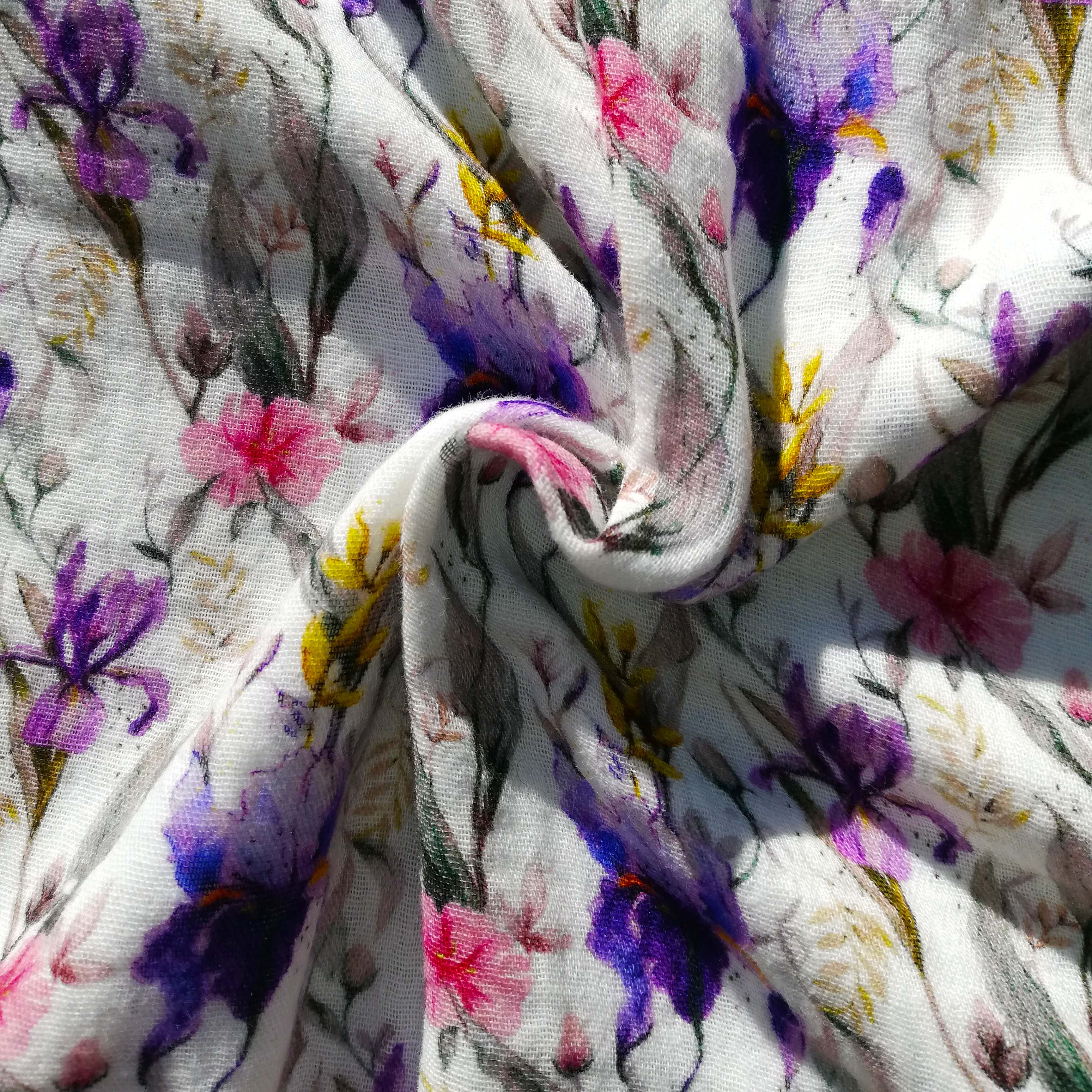 Fine cotton muslin with delicate iris flowers 