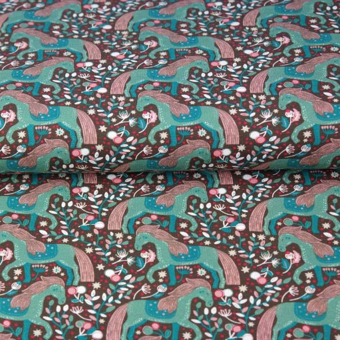 Cotton jersey taupe with turquoise horses and flowers 