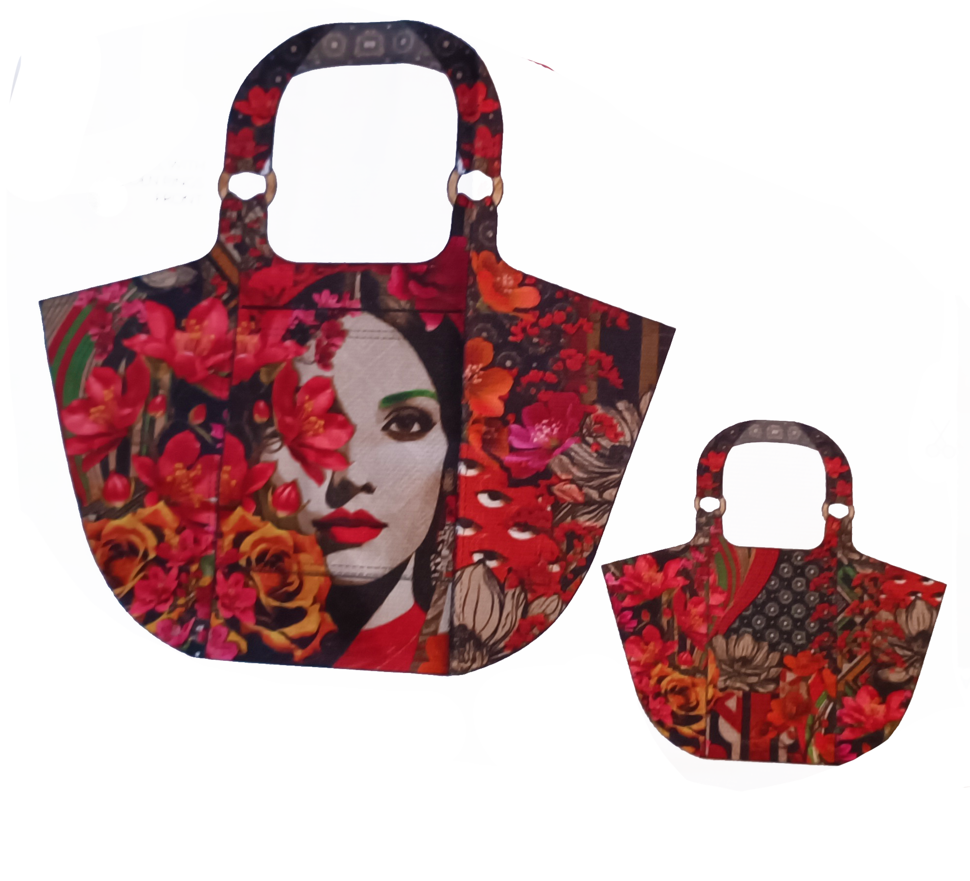 Panneau XXL Shopper – Motif floral rouge avec portrait de femme en toile