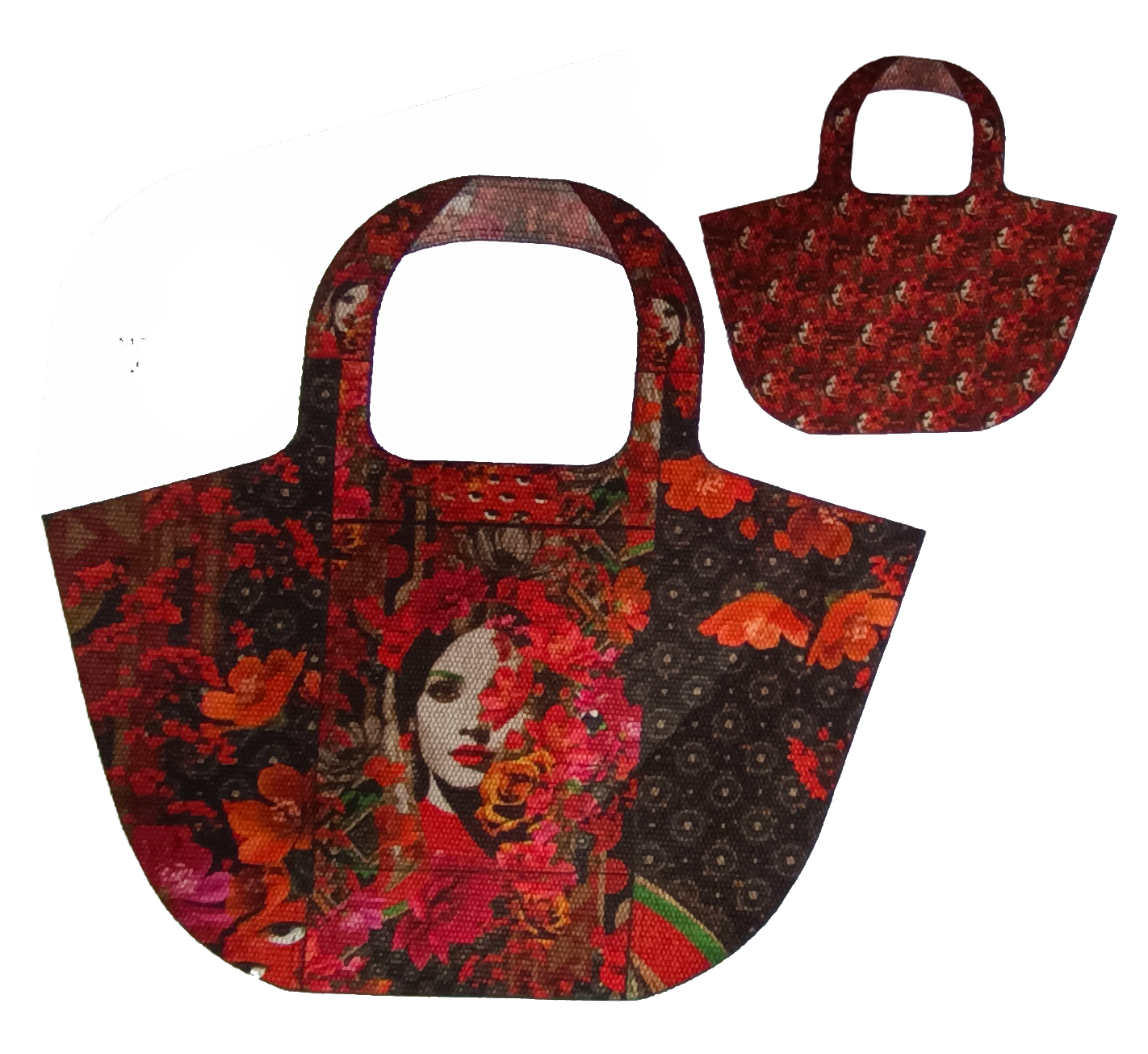 Panneau XXL Shopper – Motif floral rouge avec portrait de femme en toile