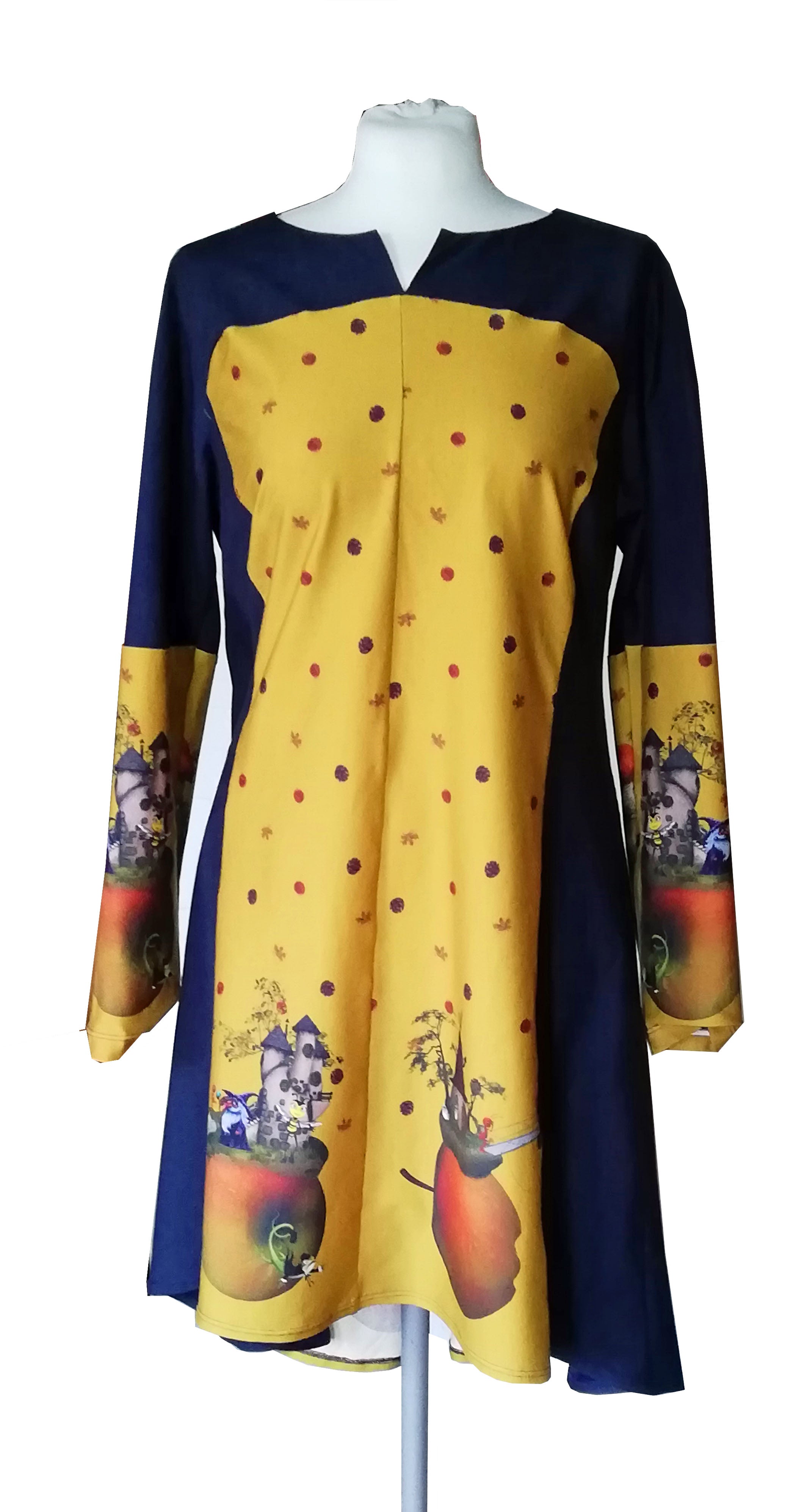 Ochre yellow Stenzo cotton jersey with funny apple motifs as border 