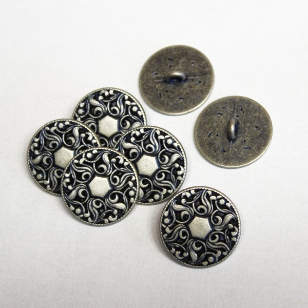 Budke metal button with blue shimmering ornamental pattern in silver 