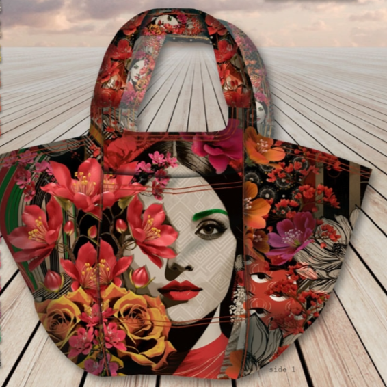 Panneau XXL Shopper – Motif floral rouge avec portrait de femme en toile