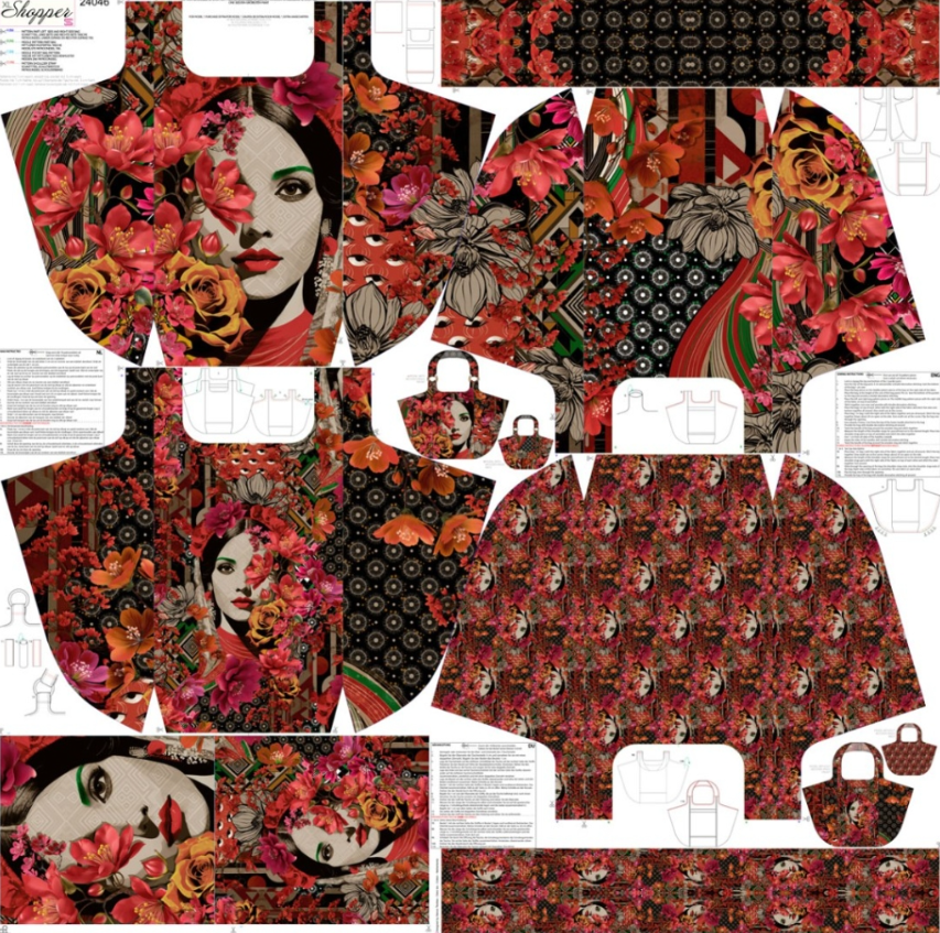 Panneau XXL Shopper – Motif floral rouge avec portrait de femme en toile