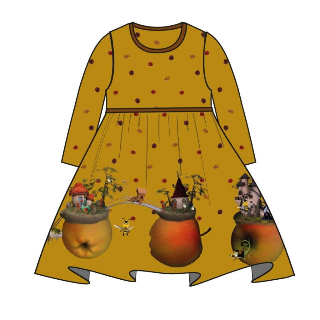 Ochre yellow Stenzo cotton jersey with funny apple motifs as border 