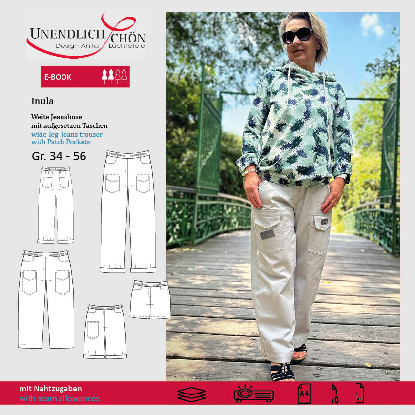 Schnittmuster INULA weiter Cargo Jeans Hosenschnitt mit Gummibund, Aufgesetzten Taschen