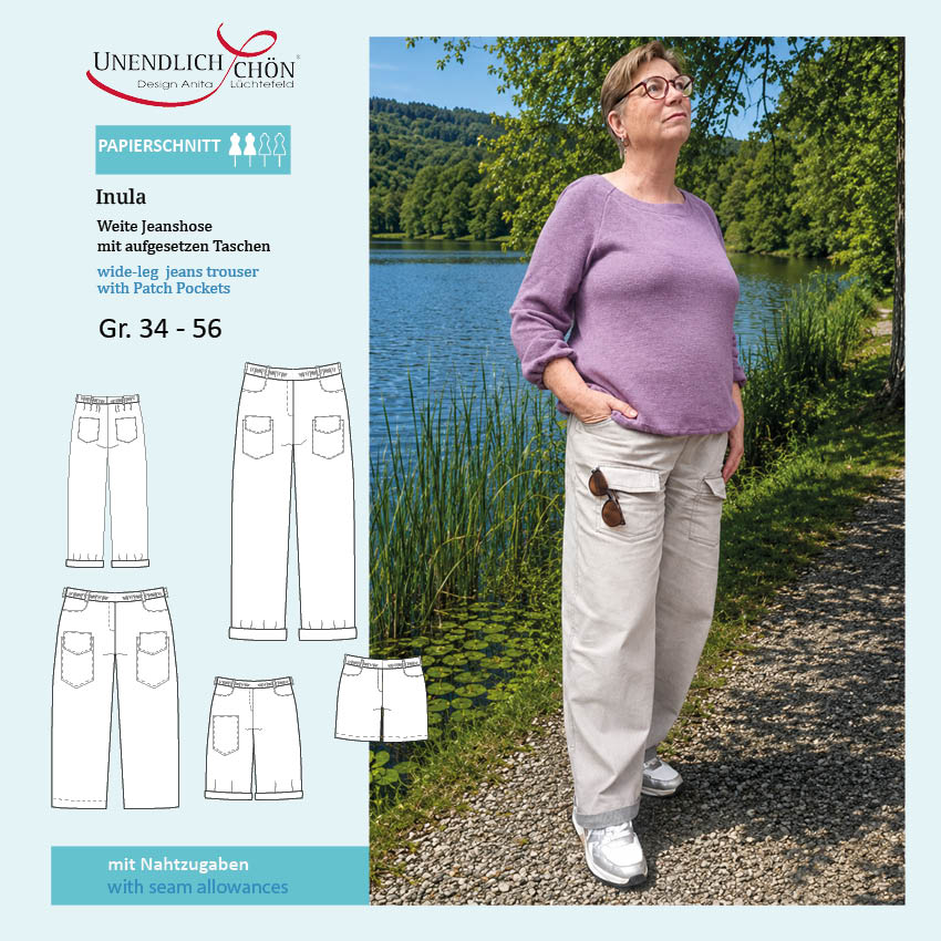 Schnittmuster INULA weiter Cargo Jeans Hosenschnitt mit Gummibund, Aufgesetzten Taschen