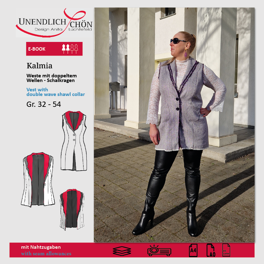 Schnittmuster Kalmia Weste mit doppeltem Wellen-Schalkragen
