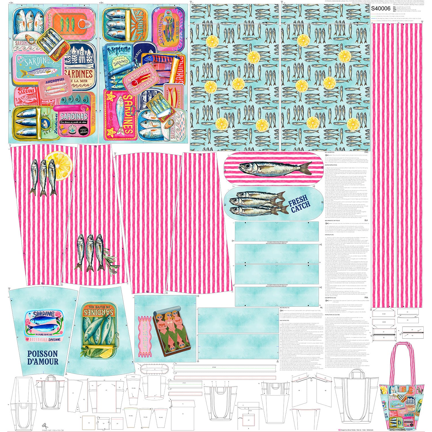 Taschenpanel Badetasche Old Pink "mit Sardinen" aus dem Design von Stenzo