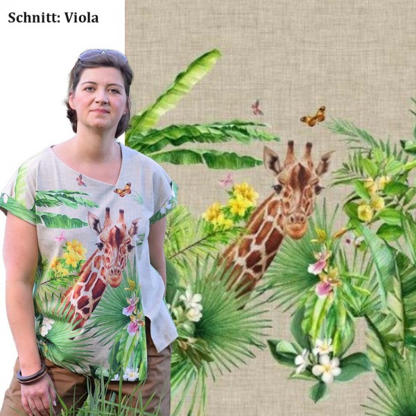 Stenzo Panel Giraffen unter Palmen auf einem Untergrund in Naturleinen- Optik