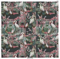 French Terry Baumwoll Digitaldruck Vögel und Ranken grün rosa weiß